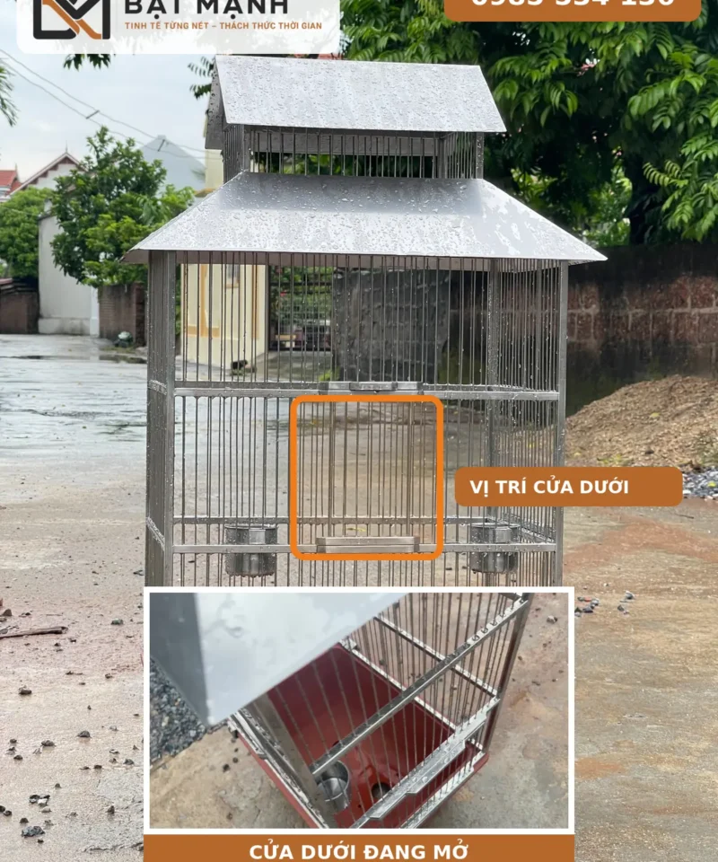 Cửa dưới lồng chim inox trên chậu cây đang mở