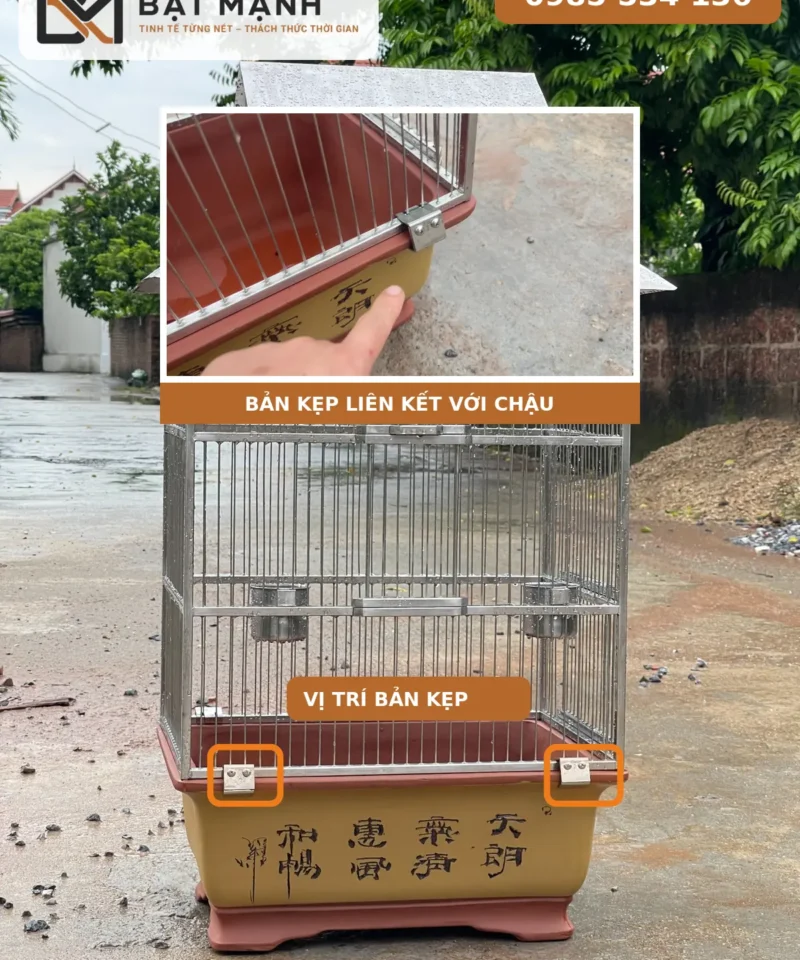 Bản kẹp inox liên kết lồng chim với vành chậu cây